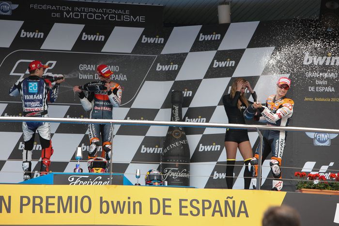 Podio: 1º Casey Stoner, 2º Jorge Lorenzo, 3º Dani Pedrosa