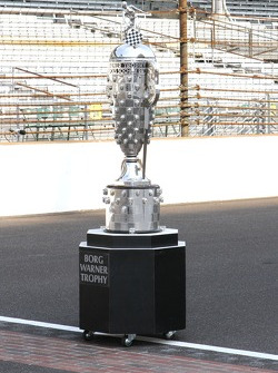 The Borg Warner Trophy sits on the yard of bricks