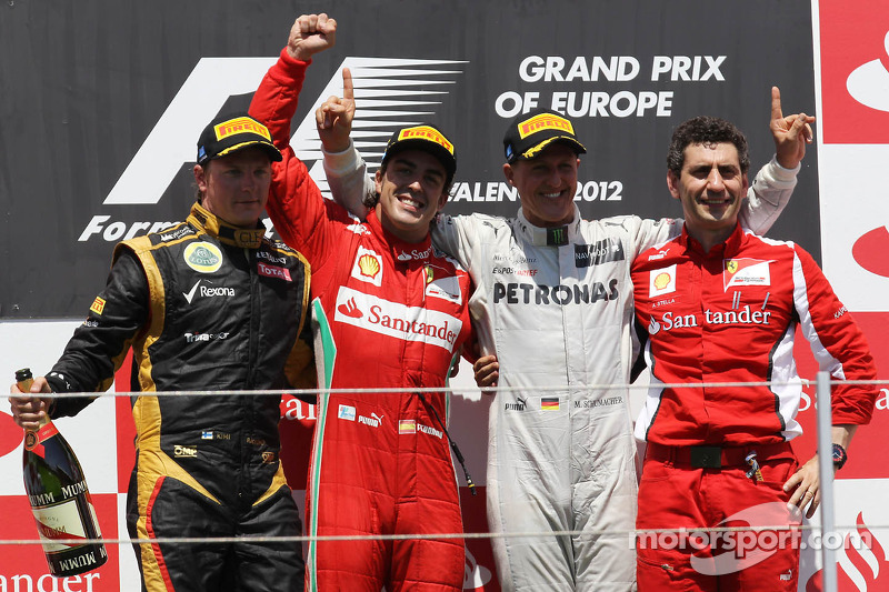 1st place Fernando Alonso, Scuderia Ferrari with 2nd place Kimi Raikkonen, Lotus Renault F1 Team and 3rd place Michael Schumacher, Mercedes AMG Petronas