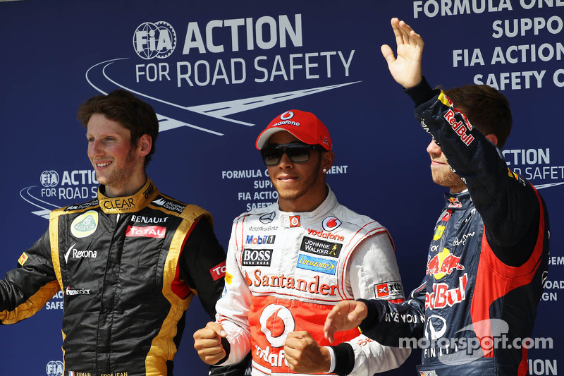 Qualifying parc ferme İlk üç, Lotus F1 Team, 2.; Lewis Hamilton, McLaren, Pole: position; Sebastian