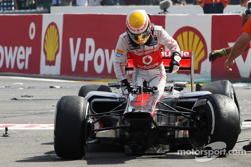 Lewis Hamilton, McLaren after he was involved in a crash at the start