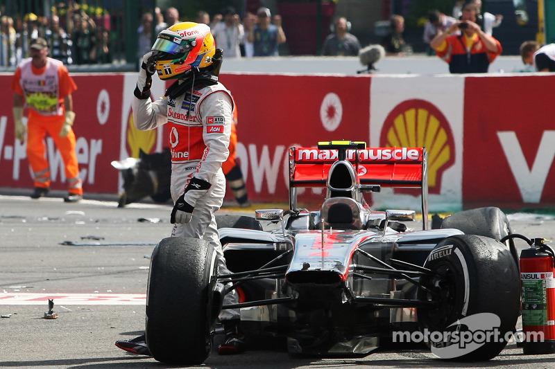 Lewis Hamilton, McLaren after he was involved in a crash at the start