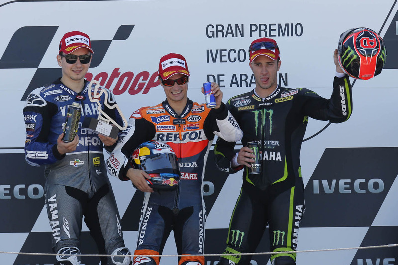 Podium : le vainqueur Dani Pedrosa, Repsol Honda Team, le deuxième, Jorge Lorenzo, Yamaha Factory Racing, le troisième, Andrea Dovizioso, Yamaha Tech 3