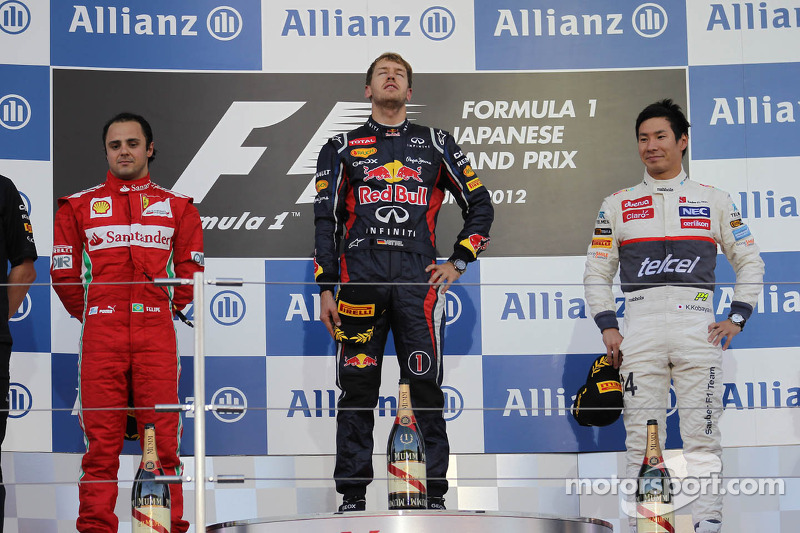 Eerste plaats Sebastian Vettel, Red Bull Racing, 2de Felipe Massa, Scuderia Ferrari en 3de Kamui Kob