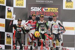 Podium: race winner Tom Sykes, second place Jonathan Rea, third place Sylvain Guintoli with 2012 cha