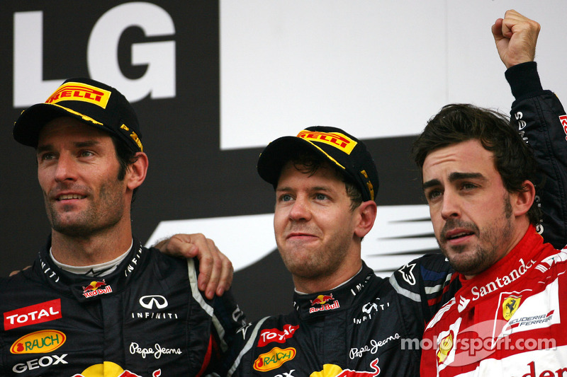 Mark Webber, Red Bull Racing, Sebastian Vettel, Red Bull Racing and Fernando Alonso, Scuderia Ferrari