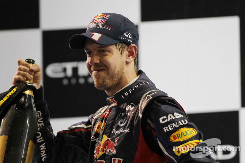 Sebastian Vettel, Red Bull Racing celebrates his third position on the podium