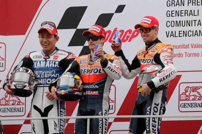 Podio: 1º Dani Pedrosa, 2º Katsuyuki Nakasuga, 3º Casey Stoner
