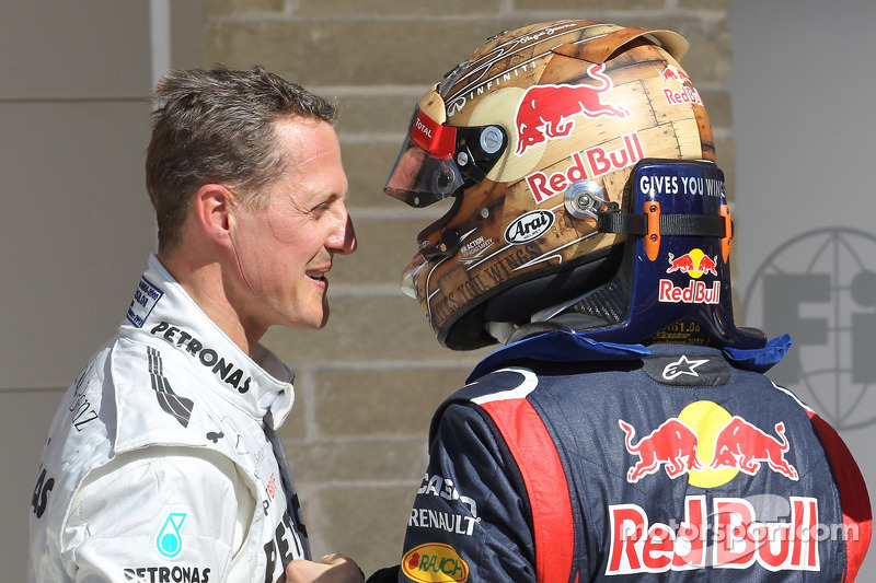 Michael Schumacher, Mercedes AMG Petronas and pole for Sebastian Vettel, Red Bull Racing