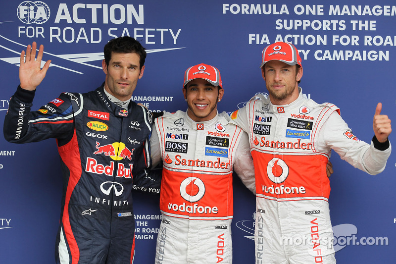 Polepositie Lewis Hamilton, McLaren Mercedes, 2de Jenson Button, McLaren Mercedes en 3de Mark Webber