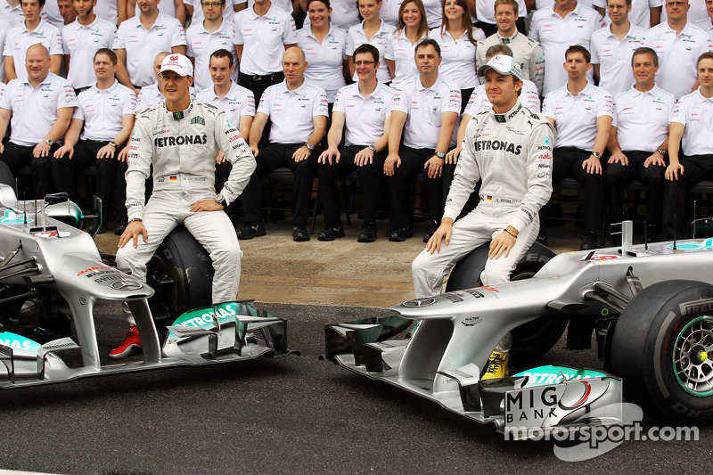 Michael Schumacher, Mercedes AMG F1 and Nico Rosberg, Mercedes AMG F1 at a team photograph