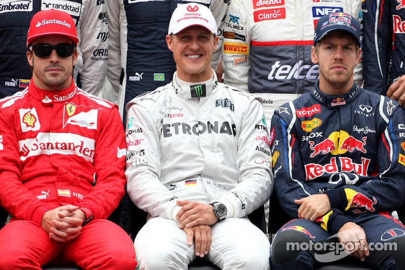 Fernando Alonso, Scuderia Ferrari, Michael Schumacher, Mercedes GP and Sebastian Vettel, Red Bull Racing