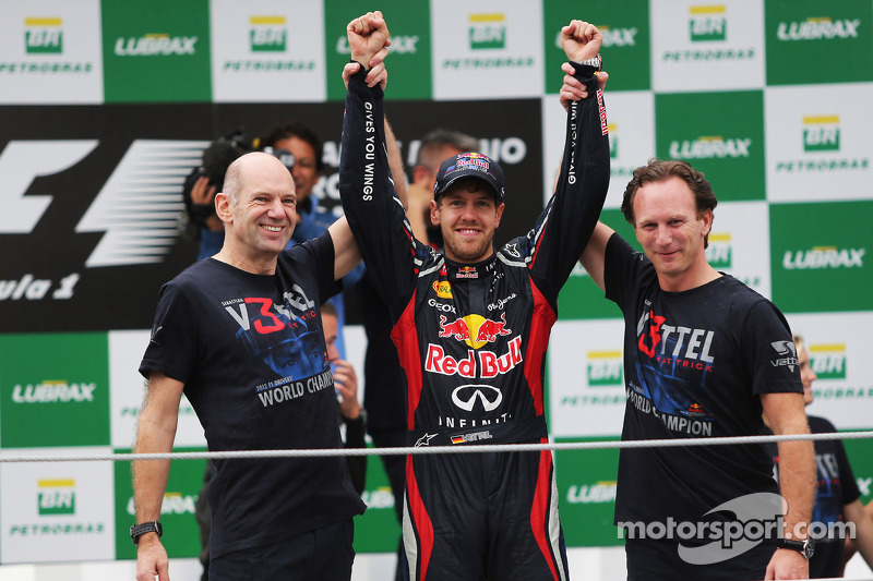 Sebastian Vettel, Red Bull Racing celebrates winning the World Championship with Adrian Newey, Red Bull Racing Chief Technical Officer, and Christian Horner, Red Bull Racing Team Principal (Right)