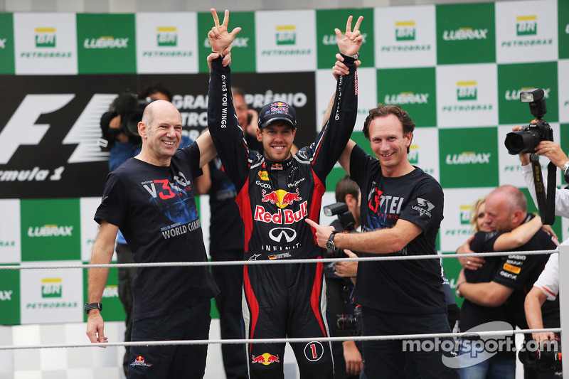 Sebastian Vettel, Red Bull Racing celebrates winning the World Championship with Adrian Newey, Red Bull Racing Chief Technical Officer, and Christian Horner, Red Bull Racing Team Principal (Right)