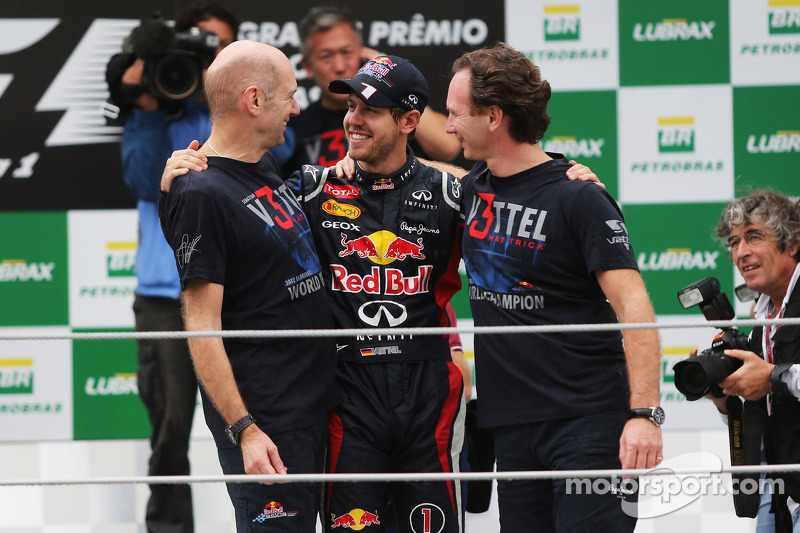 Sebastian Vettel, Red Bull Racing celebrates winning the World Championship with Adrian Newey, Red Bull Racing Chief Technical Officer, and Christian Horner, Red Bull Racing Team Principal (Right)