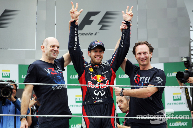 Sebastian Vettel, Red Bull Racing celebrates his World Championship with Adrian Newey, Red Bull Racing Chief Technical Officer, Christian Horner, Red Bull Racing Team Principal and the team