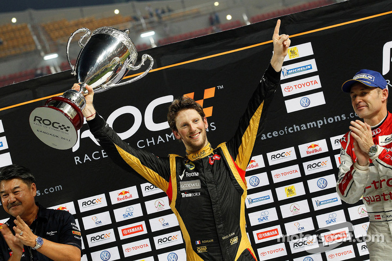 Winner Romain Grosjean celebrates