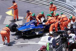 The crashed Prost Peugeot of Nick Heidfeld