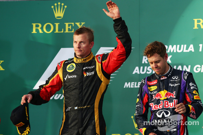 Race winner Kimi Raikkonen, Lotus F1 Team celebrates on the podium