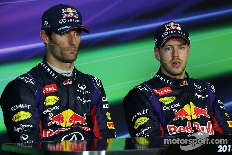 The post race FIA Press Conference, Mark Webber, Red Bull Racing, second; Sebastian Vettel, Red Bull Racing, race winner