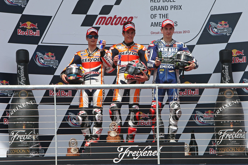 Podio: 1º Marc Márquez, 2º Dani Pedrosa, 3º Jorge Lorenzo