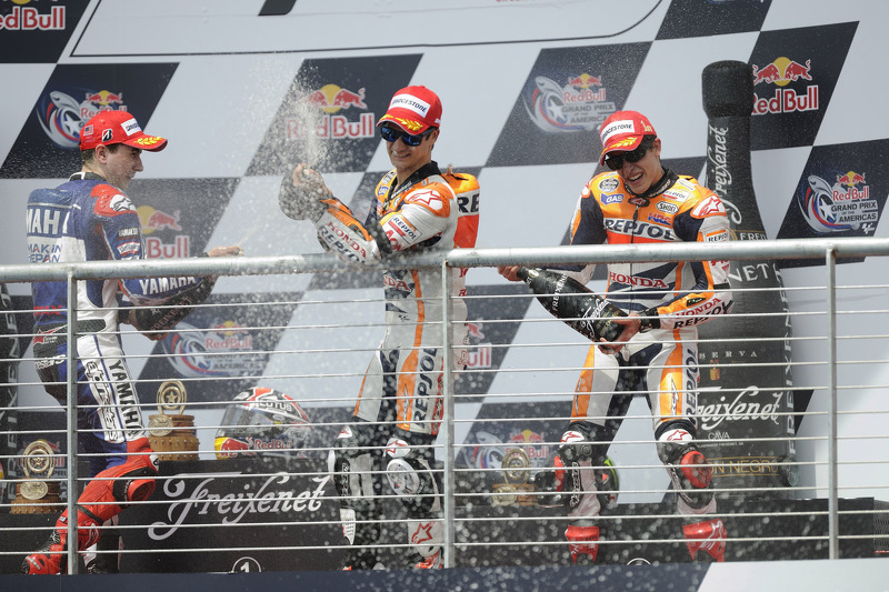 Podio: ganador Marc Márquez, segundo puesto de Dani Pedrosa, Jorge Lorenzo el tercer lugar