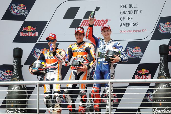 Podio: 1º Marc Márquez, 2º Dani Pedrosa, 3º Jorge Lorenzo