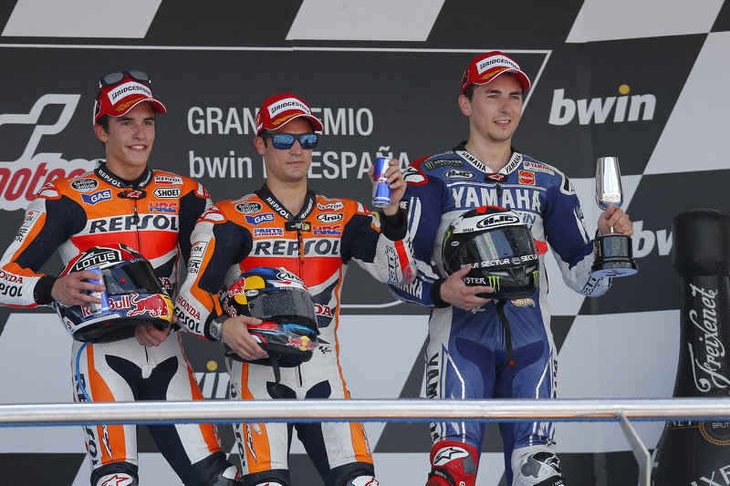 Podio: 1º Dani Pedrosa, 2º Marc Márquez, 3º Jorge Lorenzo