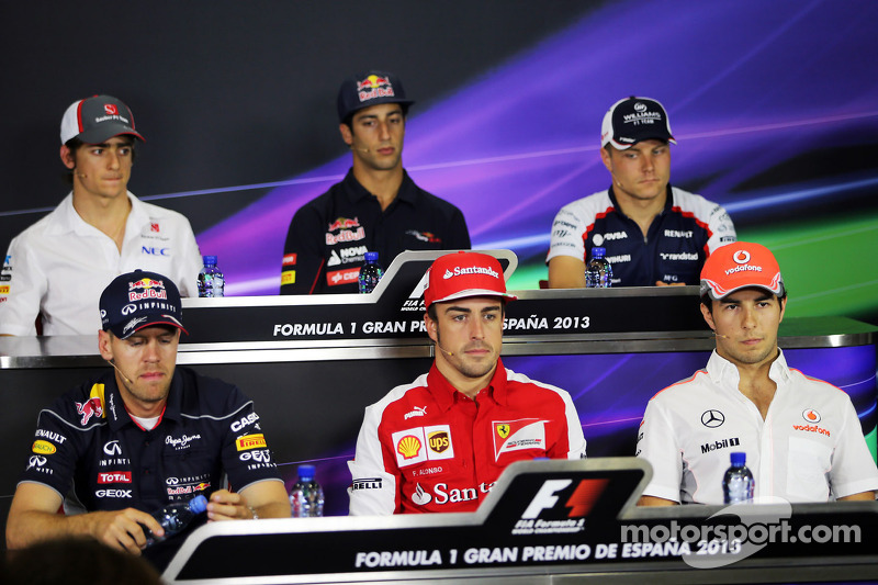 Esteban Gutiérrez, Sauber; Daniel Ricciardo, Scuderia Toro Rosso; Valtteri Bottas, Williams; Sebastian Vettel, Red Bull Racing; Fernando Alonso, Ferrari; Sergio Pérez, McLaren