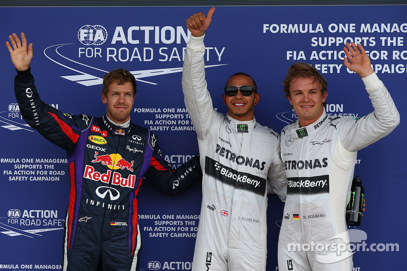 Pole for Lewis Hamilton, Mercedes AMG F1, 2nd Nico Rosberg, Mercedes AMG F1 W04 and 3rd Sebastian Ve