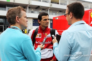 Pedro de la Rosa, Ferrari Development Driver and GPDA Chairman with Ian Parkes, Press Association Journalist, and Jonathan Noble, Autosport Journalist