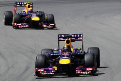Sebastian Vettel, Red Bull Racing RB9 leads team mate Mark Webber, Red Bull Racing RB9