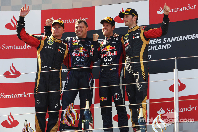 The podium, Kimi Raikkonen, Lotus F1 Team, second; Sebastian Vettel, Red Bull Racing, race winner; R