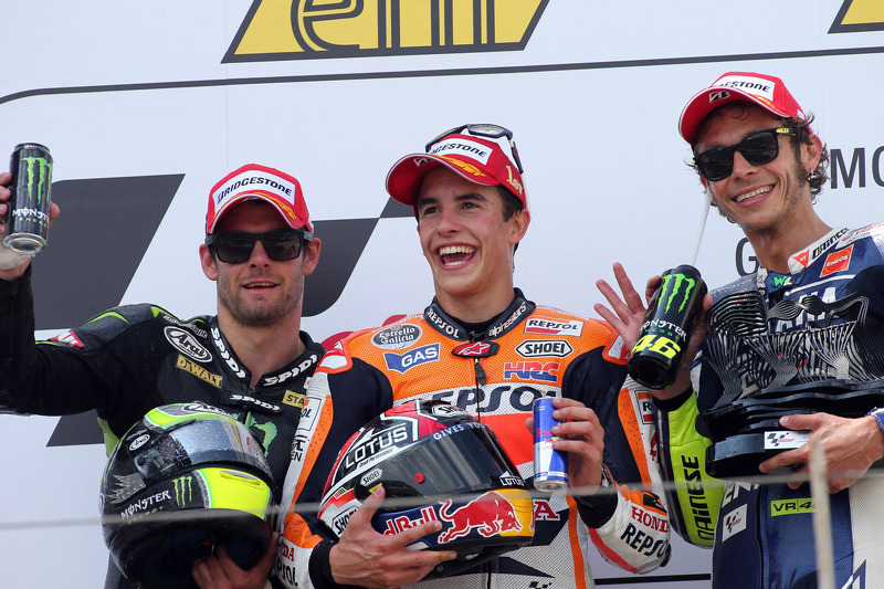 Race winner Marc Marquez, second place Cal Crutchlow, third place Valentino Rossi