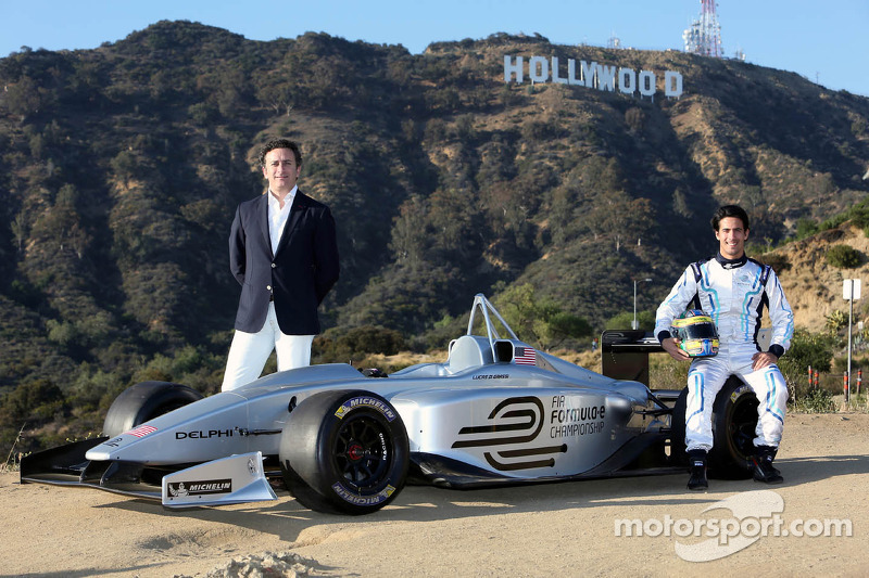 Test driver Lucas di Grassi, Alejandro Agag, CEO, Formula E Holdings, Formula E Los Angeles presentation