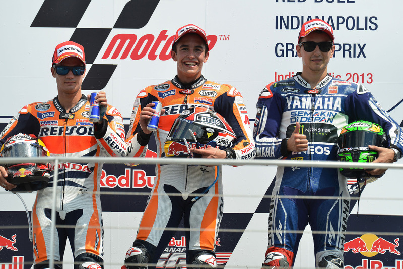 Podio: 1º Marc Márquez, 2º Dani Pedrosa, 3º Jorge Lorenzo