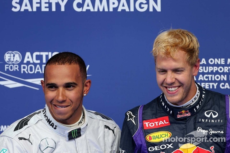 El inglés y un rubio Vettel en Bélgica 2013, última pole para Hamilton ese año