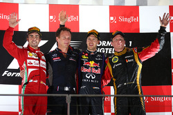 1st place Sebastian Vettel, Red Bull Racing, 2nd Fernando Alonso, Ferrari and 3rd place Kimi Raikkonen, Lotus F1 Team