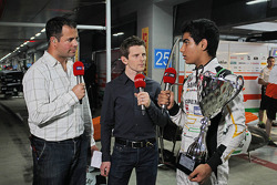 (L to R): Ted Kravitz, Sky Sports Pitlane Reporter with Anthony Davidson, Sky Sports F1 Commentator and Jehan Daruvala, Sahara Force India Academy Driver, winner of the British KF3 Karting Championship