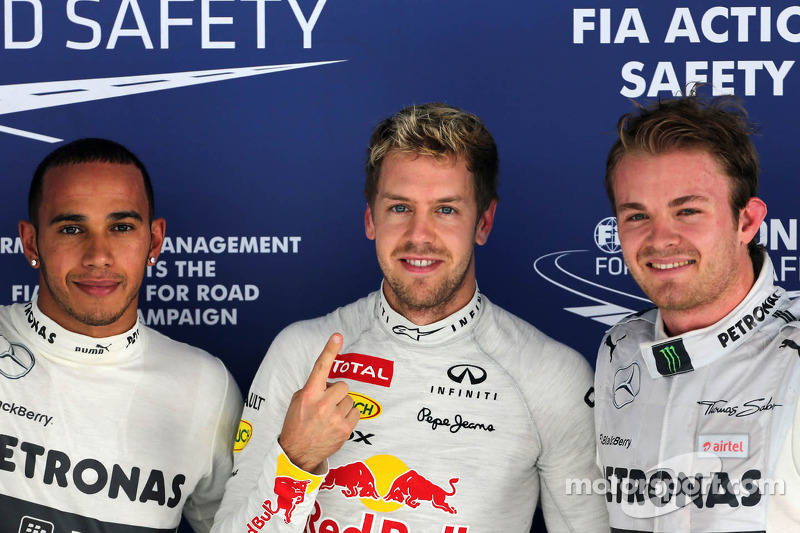 2.Sebastian Vettel-Nico Rosberg-Lewis Hamilton: 14