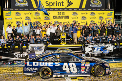 Championship victory lane: NASCAR Sprint Cup Series 2013 champion 2013 Jimmie Johnson, Hendrick Motorsports Chevrolet with wife Chandra and his team