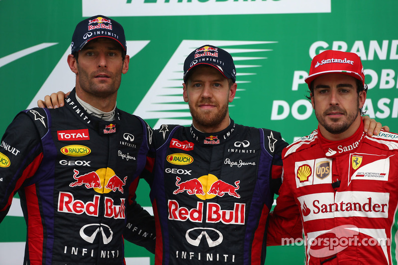 1st place Sebastian Vettel, Red Bull Racing, 2nd place Mark Webber, Red Bull Racing and 3rd Fernando Alonso, Ferrari F138