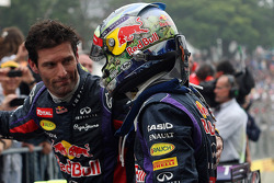 Race winner Sebastian Vettel, Red Bull Racing celebrates with team mate Mark Webber, Red Bull Racing in parc ferme