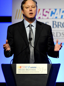 Brian France, chairman & CEO of NASCAR, speaks onstage at the NMPA Myers Brothers Awards Luncheon