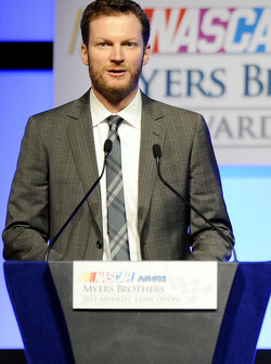 Dale Earnhardt Jr. speaks onstage after winning the Most Popular Driver at the NMPA Myers Brothers Awards Luncheon