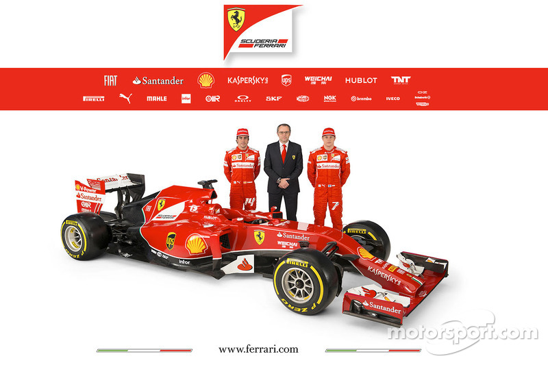 La Ferrari F14 T con i piloti Fernando Alonso e Kimi Raikkonen con Stefano Domenicali