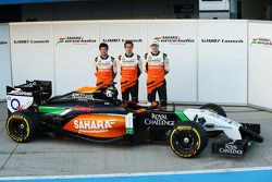 (L to R): Sergio Perez, Sahara Force India F1 with Daniel Juncadella, Sahara Force India F1 Team Test and Reserve Driver and Nico Hulkenberg, Sahara Force India F1 at the launch of the Sahara Force India F1 VJM07