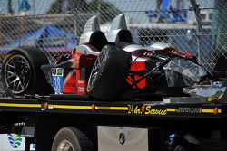 The crashed #38 Performance Tech Motorsports ORECA FLM09 Chevrolet: Charlie Shears, Raphael Matos, D