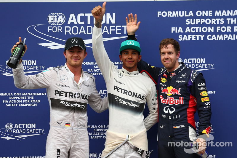 Polesitter Lewis Hamilton, second place Sebastian Vettel, third place Nico Rosberg