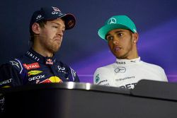The post qualifying FIA Press Conference: Sebastian Vettel, Red Bull Racing, second; Lewis Hamilton, Mercedes AMG F1, pole position